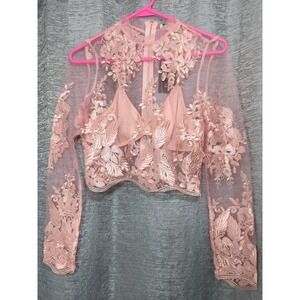 Fashion Nova Lace Short Top With Long Sleeve Pink Women's Medium New With Tags